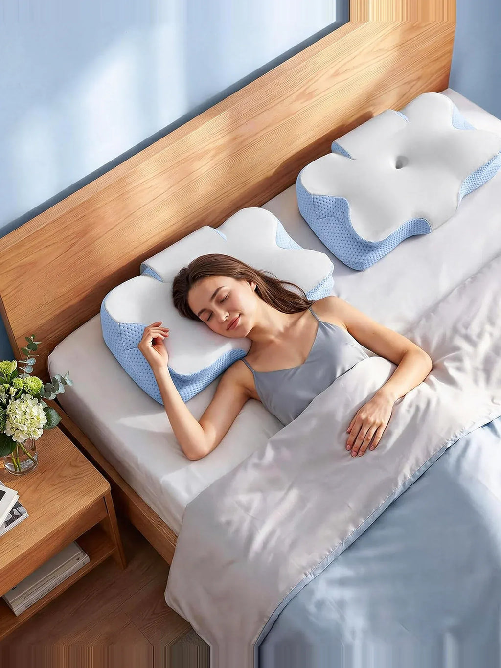 Femme dormant sur le côté sur l'oreiller ergonomique japonais